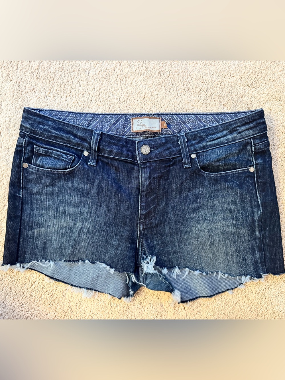 PAIGE Dark Blue Distressed Cutoff Denim Shorts